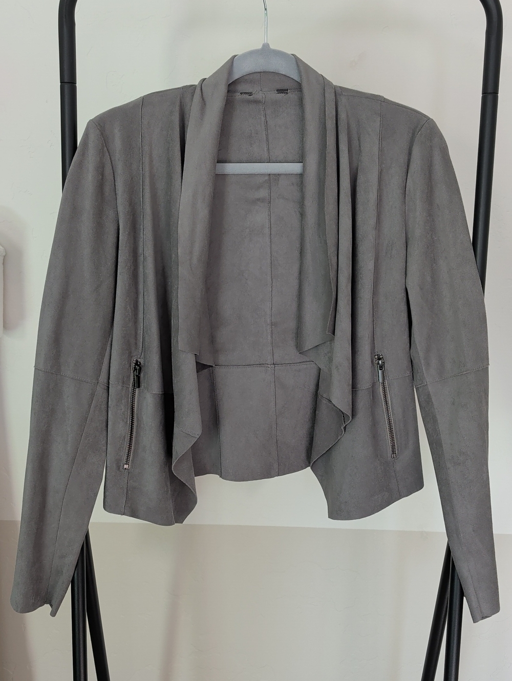 Womens Gray Draped Open-Front Jacket